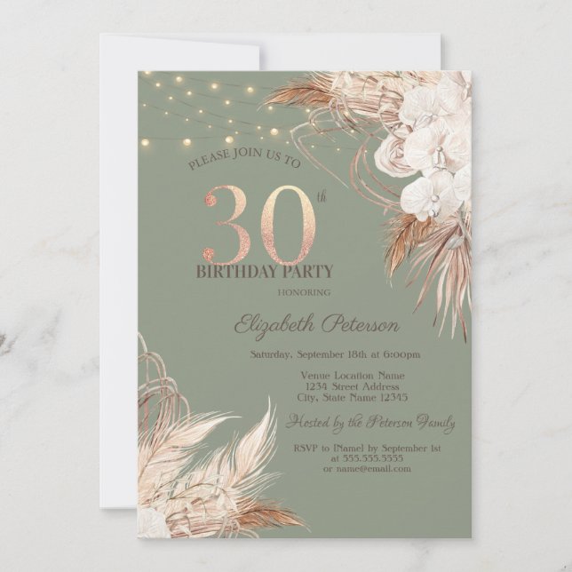 Invitation Pampas Grass Sage Green 30th Birthday (Devant)