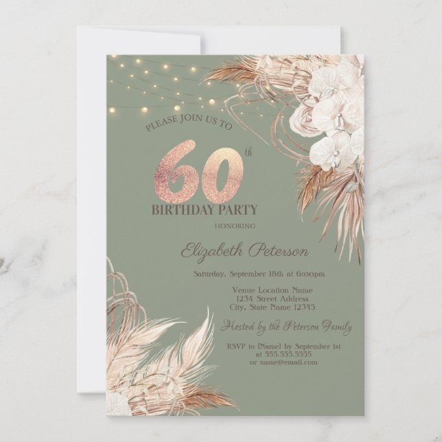 Invitation Pampas Grass Sage Green 60th Birthday (Devant)
