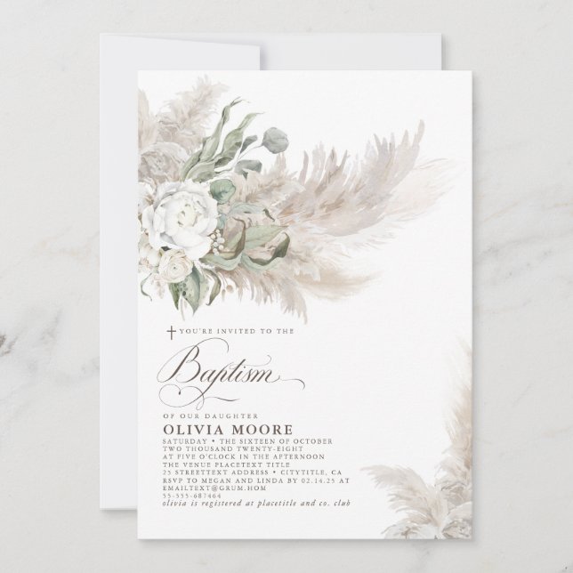 Invitation Pampas Grass Sage Verdure Floral Baptême (Devant)