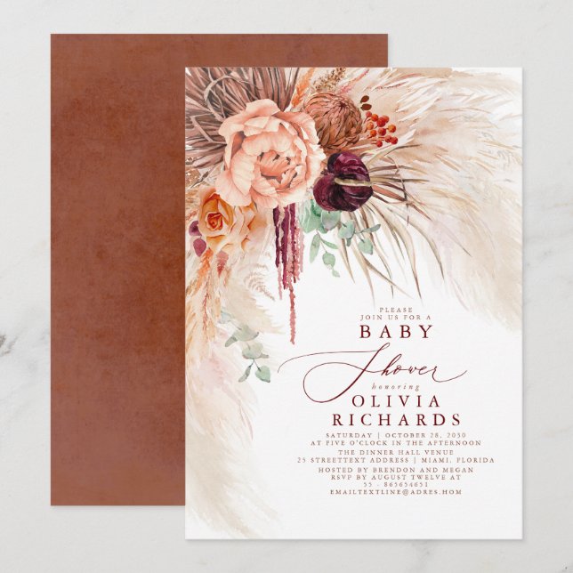 Invitation Pampas Grass Terracotta Baby shower Floral (Devant / Derrière)