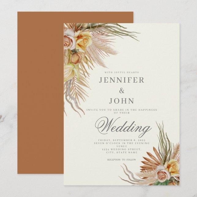 Invitation Pampas Grass Terracotta Rose Floral Mariage (Devant / Derrière)