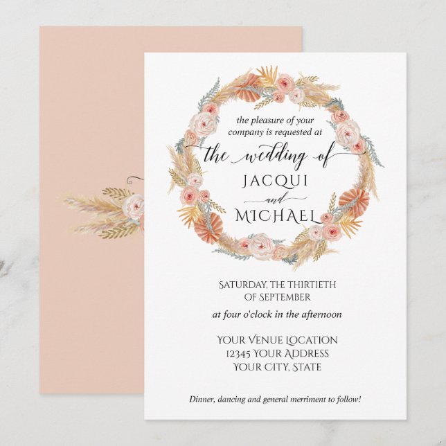 Invitation Pampas Grass Wreath Boho Tropical Rose Gold Floral (Devant / Derrière)