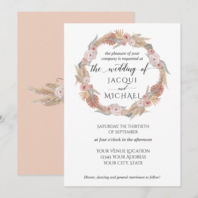 Invitation Pampas Grass Wreath Boho Tropical Terrain Floral (Devant / Derrière)
