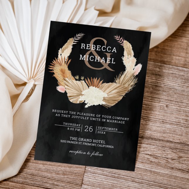 Invitation Pampas Grass Wreath séché Palm Mariage noir (Créateur téléchargé)