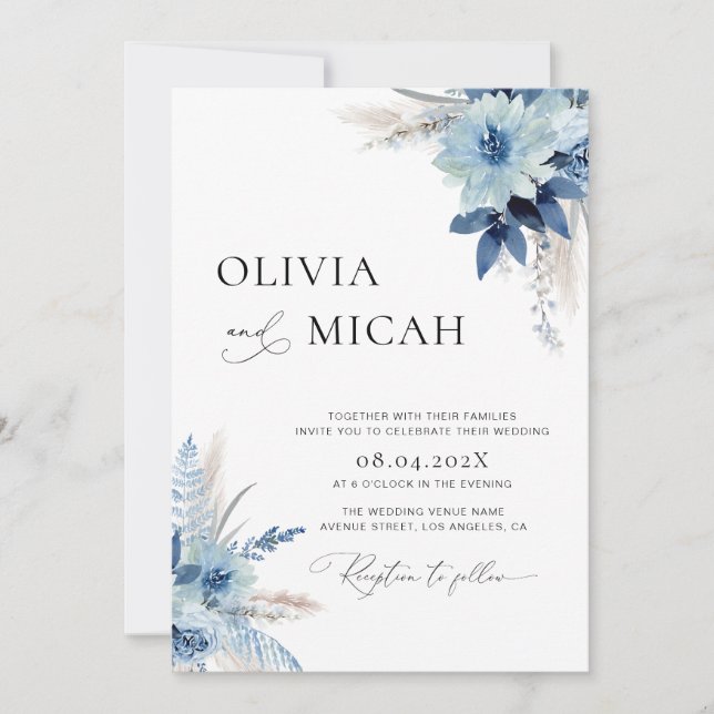 Invitation pampas herbe bleu fleuri mariage (Devant)