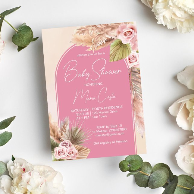 Invitation Pampas herbe boho arche rose baby shower (Boho pink pampas grass roses modern arch baby shower invitation template instant download)