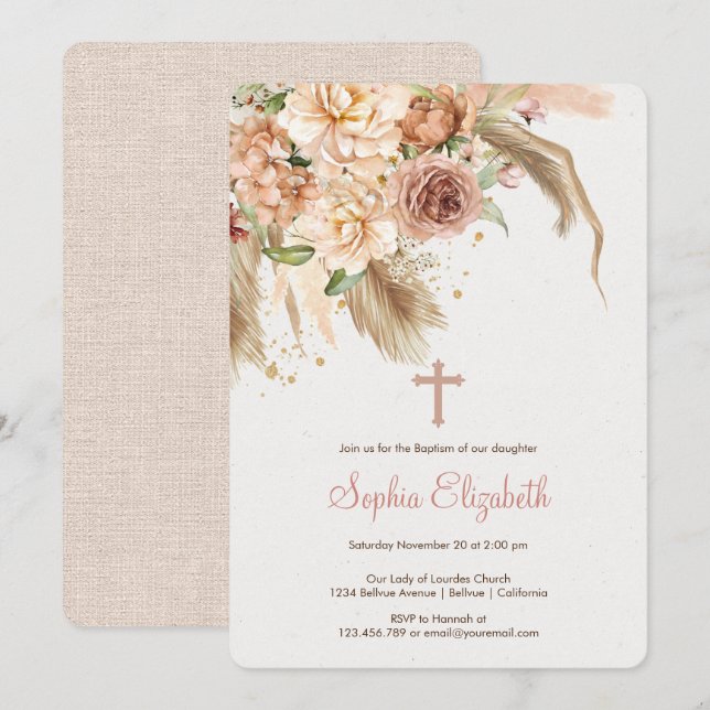 Invitation Pampas herbe boho baptême (Devant / Derrière)