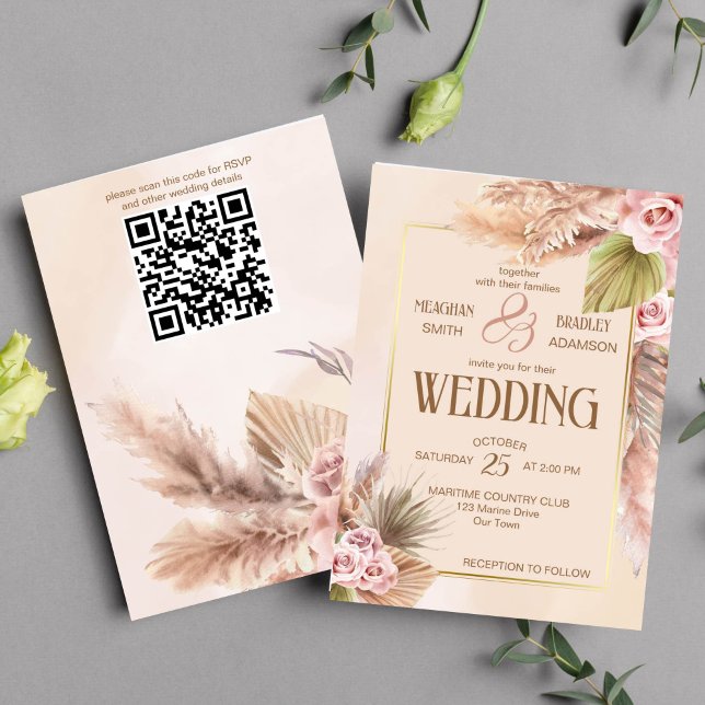 Invitation Pampas herbe boho fleurs mariage de automne (Boho pampas grass cream roses beige wedding template invitation instant download )