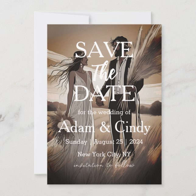 Invitation pampas herbe boho sauver les dates (Devant)