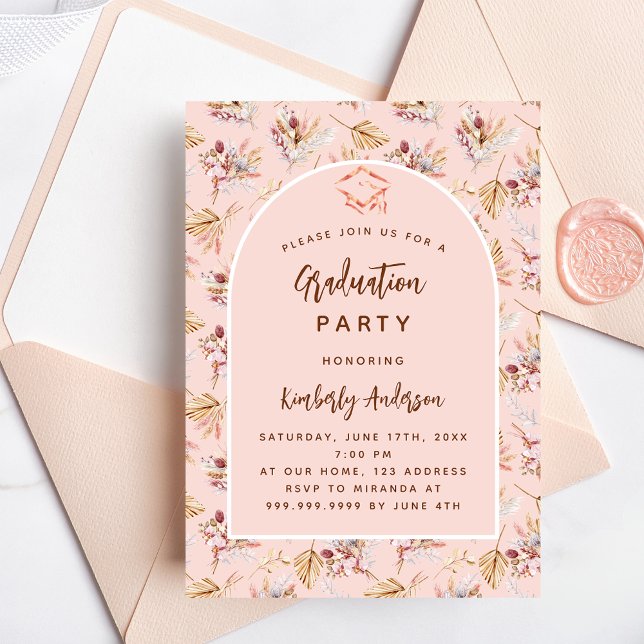 Invitation Pampas herbe fleurie rose or fête de graduation (Créateur téléchargé)