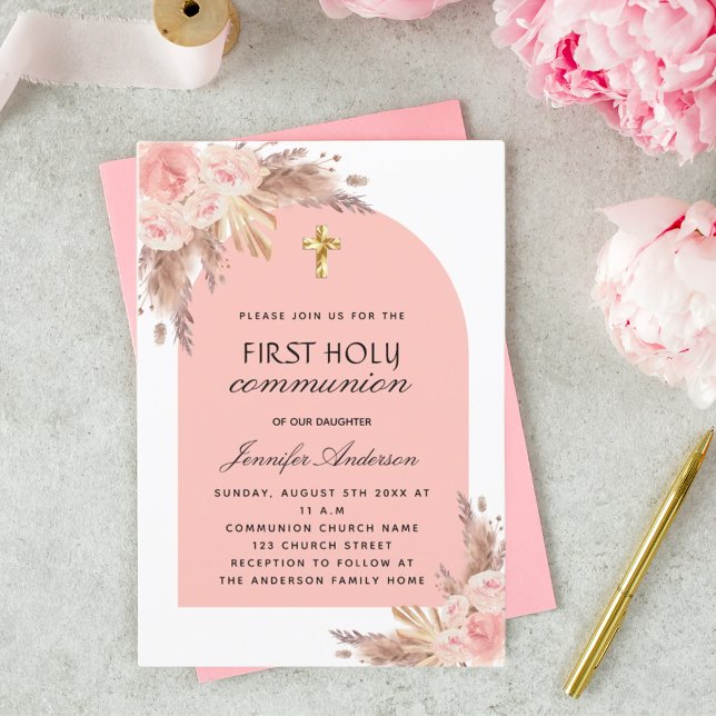 Invitation Pampas herbe rose or croix première communion sain (Créateur téléchargé)
