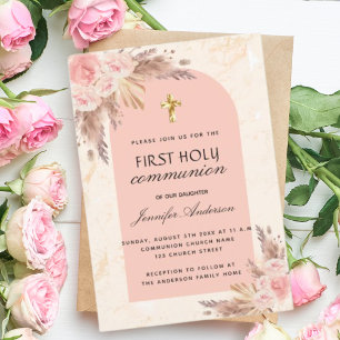 Invitation Pampas herbe rose rougir première communion sainte