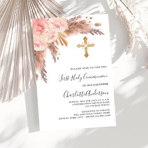 Invitation Pampas herbe rose rousse croix première communion