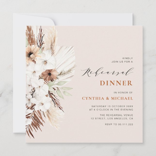 Invitation pampas herbe terre cuite boho dîner de répétition (Devant)