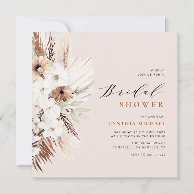 Invitation pampas herbe terre cuite boho douche nuptiale (Devant)