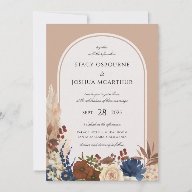 Invitation Pampas Mariage d'aquarelle de laiton Floral Boho (Devant)