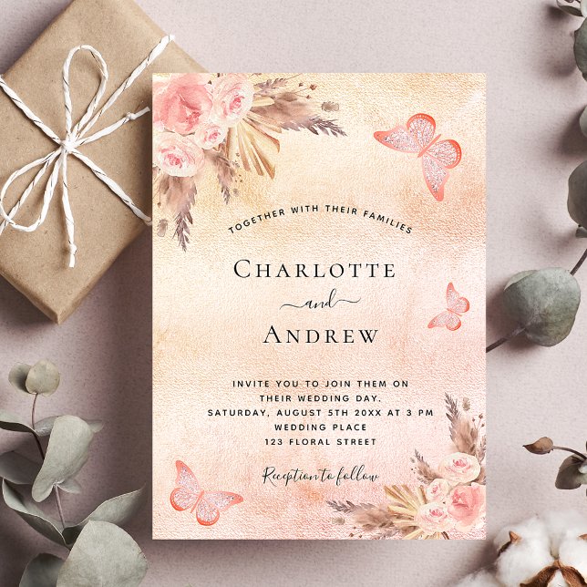 Invitation Pampas mariage herbe rose or papillon luxe papillo (Créateur téléchargé)