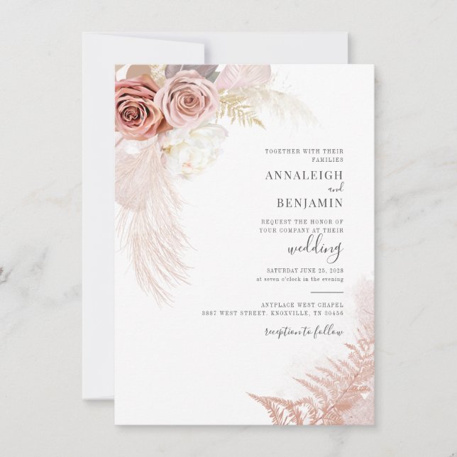 Invitation Pampas moderne Grass Script Mariage Palmiers séché (Devant)