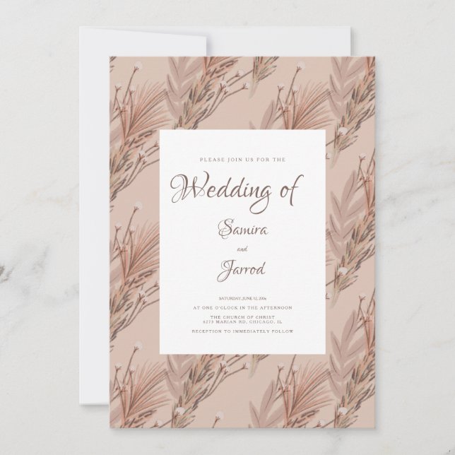 Invitation Pampas Motif Mariage botanique tiré à la main (Devant)