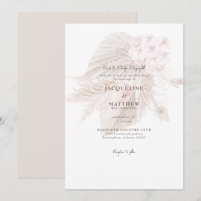 Invitation Pampas Muet Rose Floral Bride Parents Mariage (Devant / Derrière)