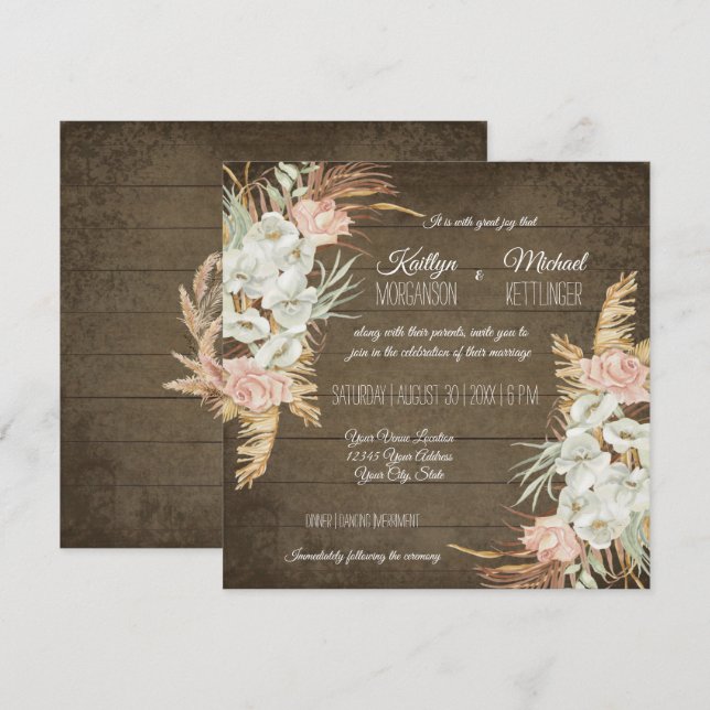 Invitation Pampas Palm Folid Orchid Floral Rustique Mariage (Devant / Derrière)