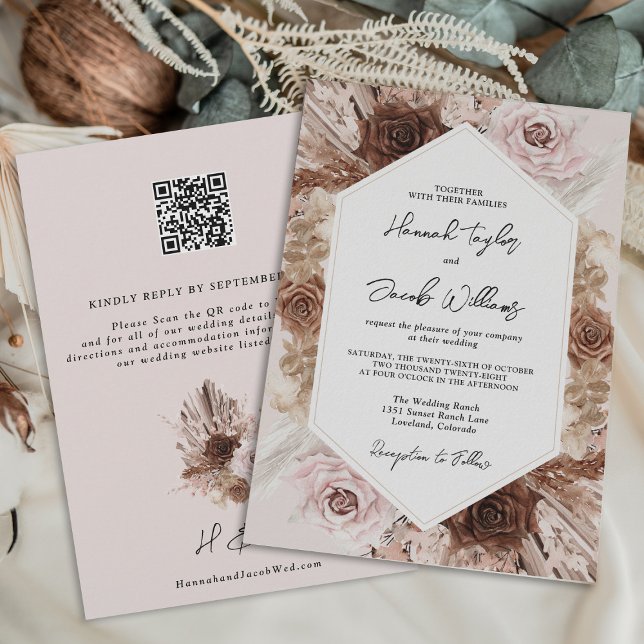 Invitation Pampas Pampas Passe rose noir Code QR RSVP Mariage (Créateur téléchargé)
