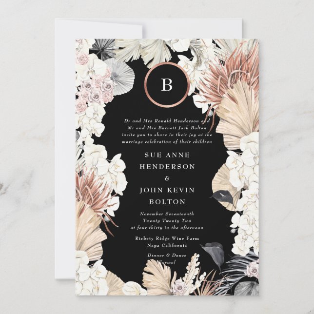 Invitation Pampas Premium | Monogramme d'huile d'or | Onyx no (Devant)
