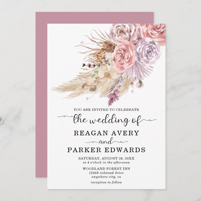 Invitation Pampas Rose en laiton et Mariage pourpre (Devant / Derrière)