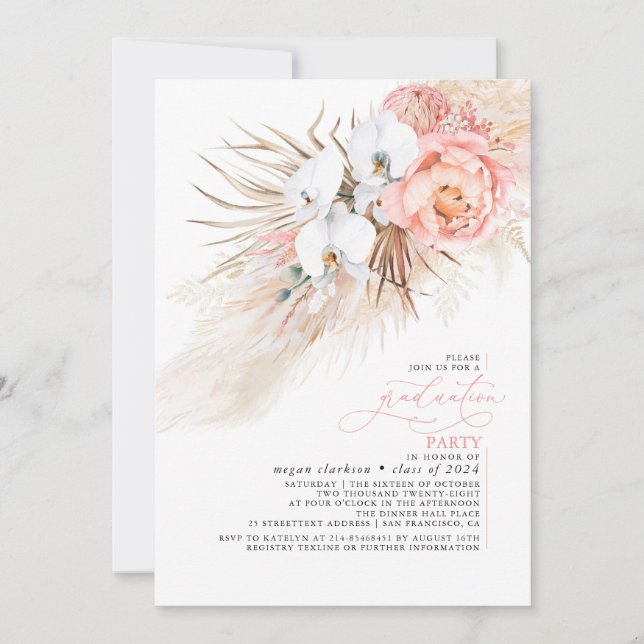Invitation Pampas Rose Floral Fête de Graduation (Devant)