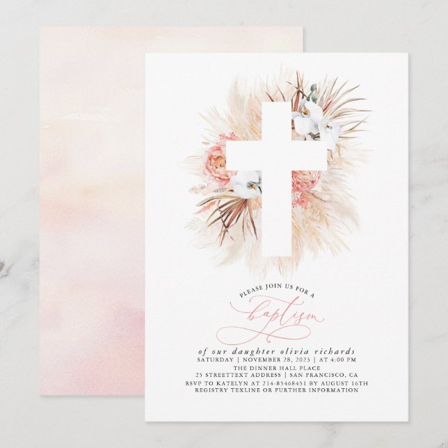 Invitation Pampas rose Floral Grass Moderne Girls Baptême (Devant / Derrière)