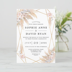 Invitation Pampas Rose Floral Grass Or Tout en un Mariage