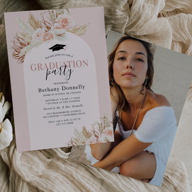 Invitation Pampas rose Floral Grass Photo Graduation (Créateur téléchargé)