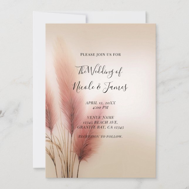 Invitation Pampas rose Grass Bohême Mariage Boho (Devant)