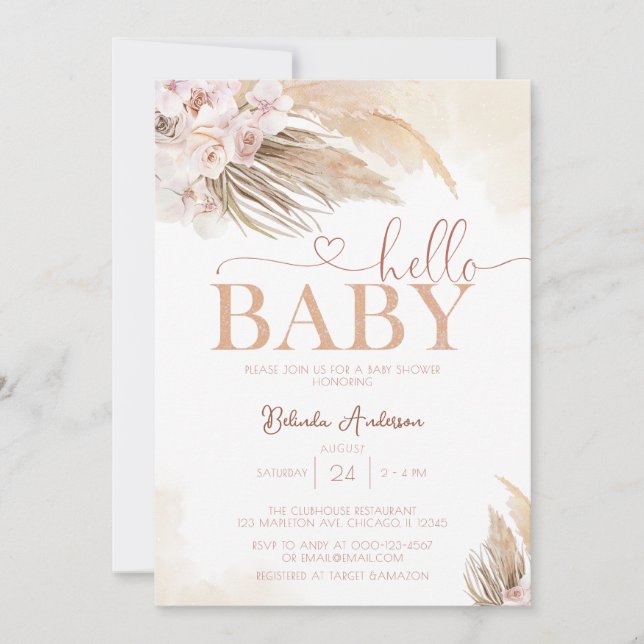 Invitation Pampas rose Grass Boho Bonjour bébé Baby shower fi (Devant)