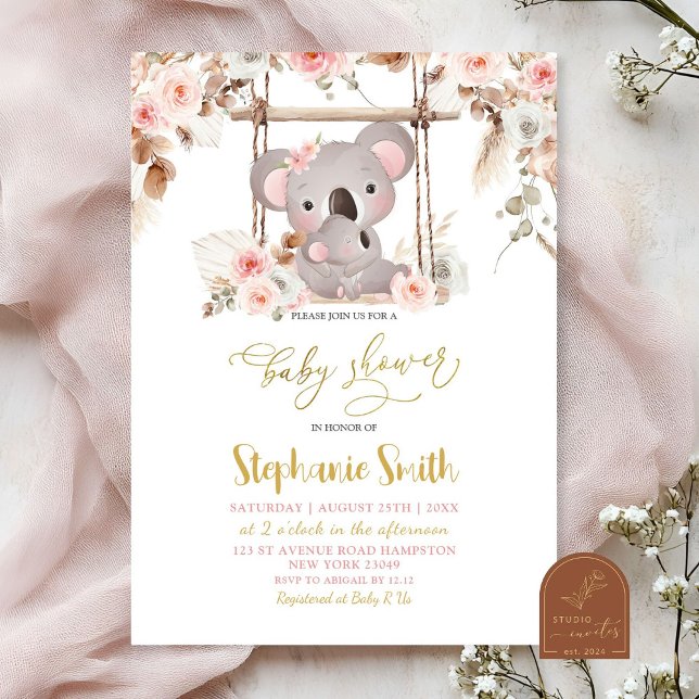 Invitation Pampas rose Grass Flora Koala Australian Baby Girl (Créateur téléchargé)