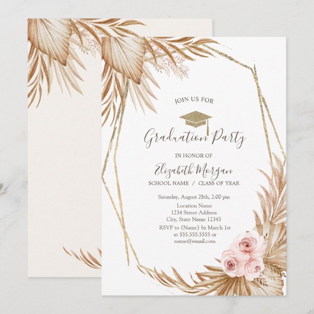 Invitation Pampas Roses  Grad Casquette, Diplôme (Devant / Derrière)