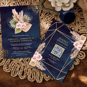 Invitation Pampas Roses Rose Poussiéreux Foncé Bleu Marine Co