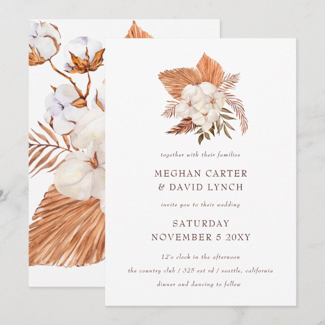 Invitation Pampas Rustique Boho Grass Floral Mariage du déser (Devant / Derrière)