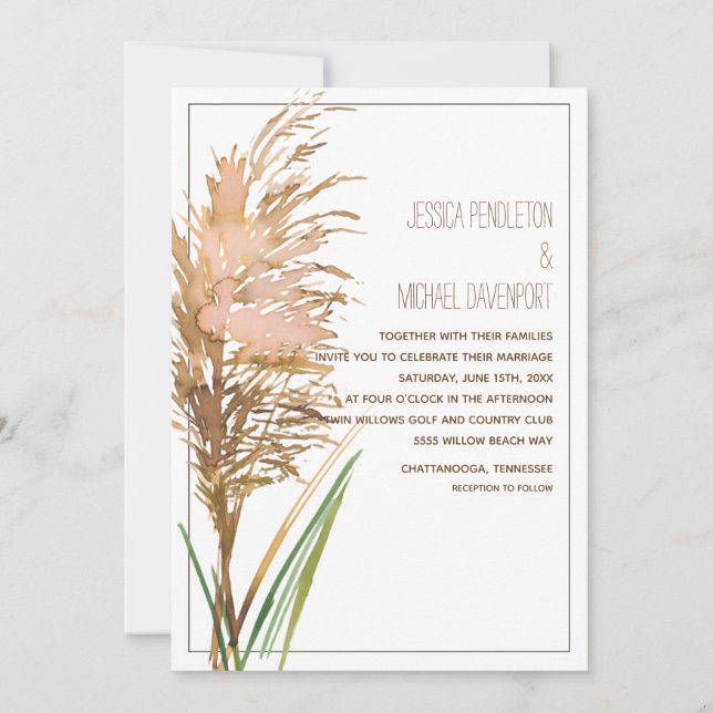 Invitation Pampas rustique Grass sur Mariage blanc (Devant)