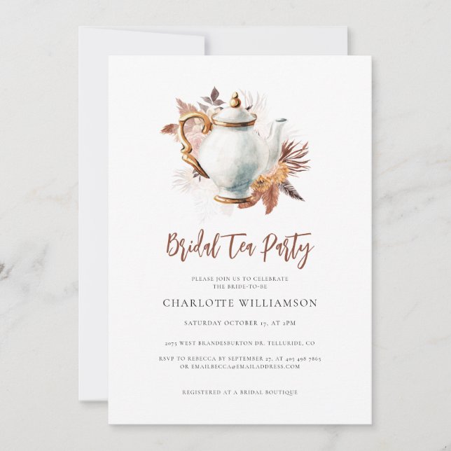 Invitation Pampas Teapot de basse Teapot fête de thé nuptiale (Devant)