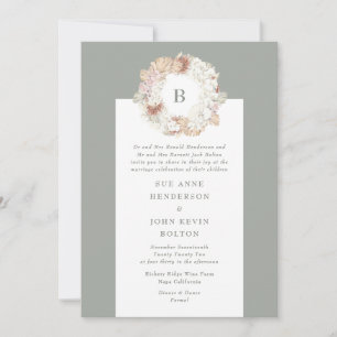 Invitation Pampas Wreath Moss Green Monogram Mariage