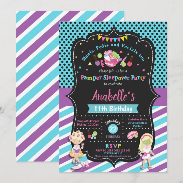 Invitation Pamper Slepover Spa Party Anniversaire Blonde Girl (Devant / Derrière)