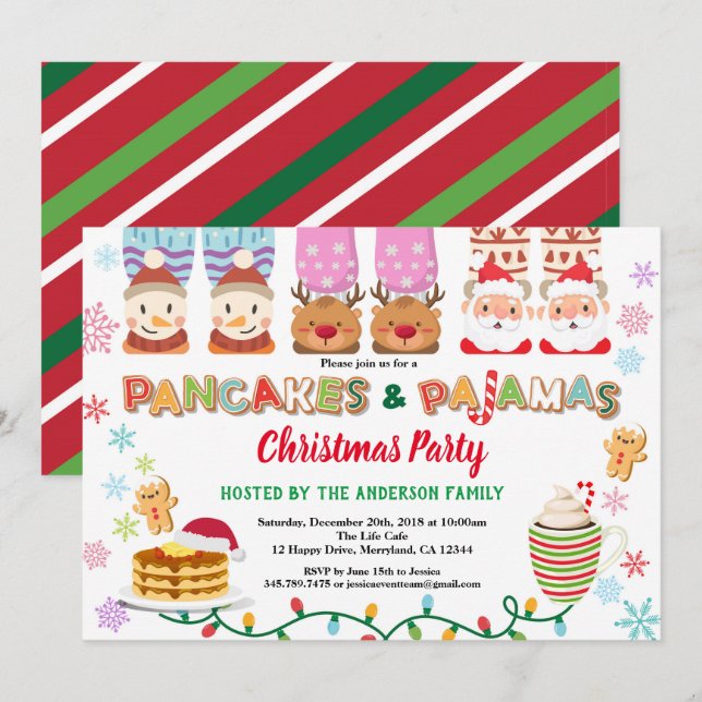 Invitation Panaques de Noël et pyjamas fête rose blanc (Devant / Derrière)