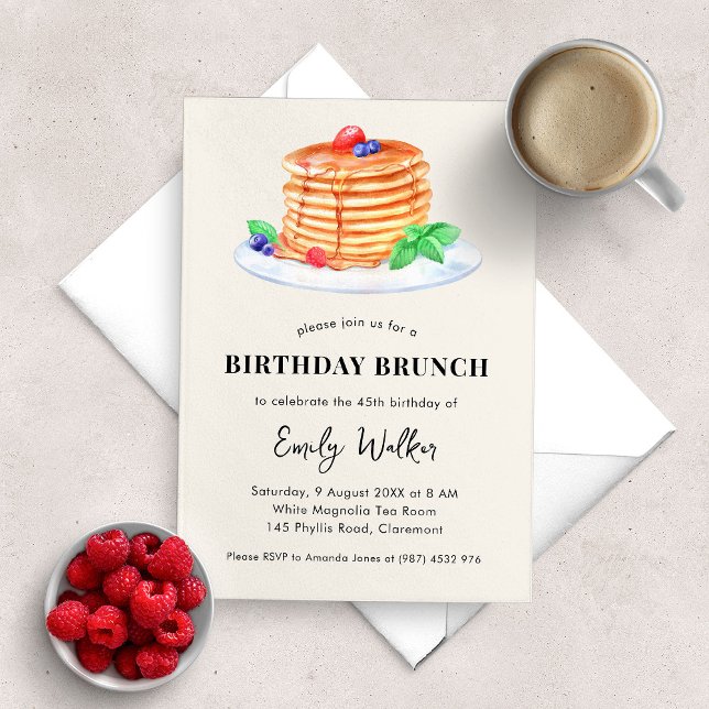 Invitation Pancake Anniversaire Brunch Party (birthday brunch party invitation with a watercolor illustration of a stack of pancakes with honey)