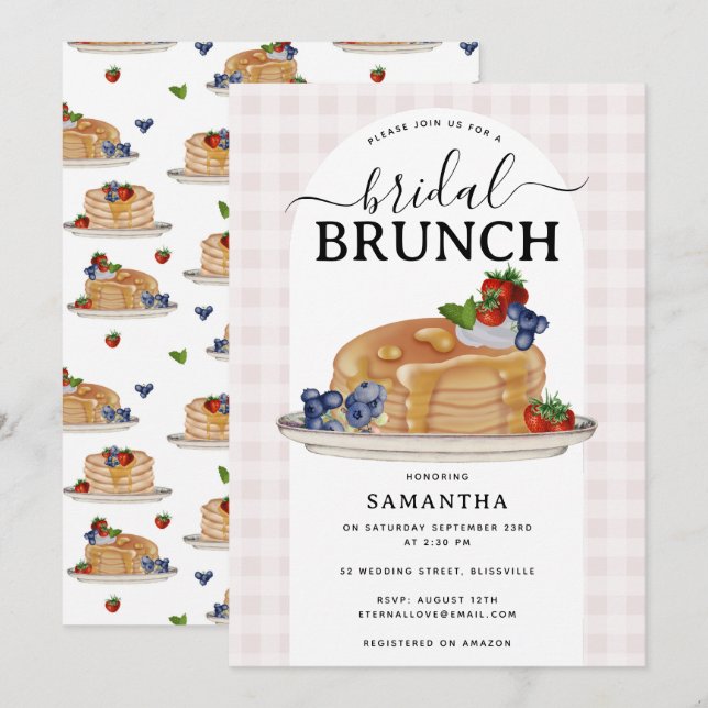 Invitation Pancakes Berries Brunch Pink Plaid Bridal Shower (Devant / Derrière)