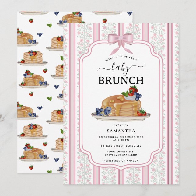 Invitation Pancakes Brunch Pink Botanical Baby Shower (Devant / Derrière)