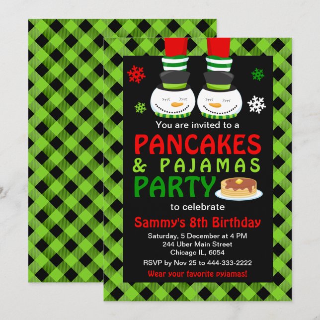 Invitation Pancakes et pyjamas Anniversaire Snowman Green Pla (Devant / Derrière)