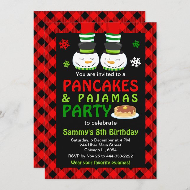 Invitation Pancakes et pyjamas Anniversaire Snowman Red Plaid (Devant / Derrière)