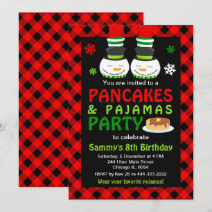 Invitation Pancakes et pyjamas Anniversaire Snowman Red Plaid