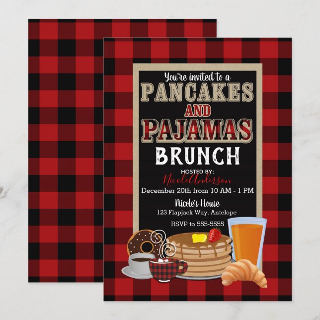 Invitation Pancakes et pyjamas Brunch Red Buffalo Plaid (Devant / Derrière)